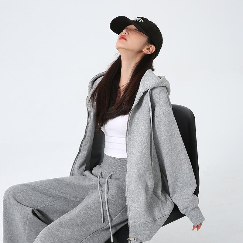 Korean-Style High-End Women's Drop Shoulder Hoodie Sweatshirt - Autumn 2024 Loose Casual Long-Sleeved Cardigan Jacket