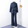Denim Pants Set Women Belt Lapel Buttons Shirt High Waist Wide Leg Trousers Sets Lady Vintage Single Breasted Top Suit Female