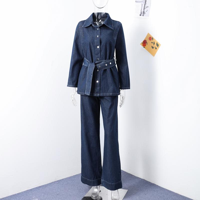 Denim Pants Set Women Belt Lapel Buttons Shirt High Waist Wide Leg Trousers Sets Lady Vintage Single Breasted Top Suit Female
