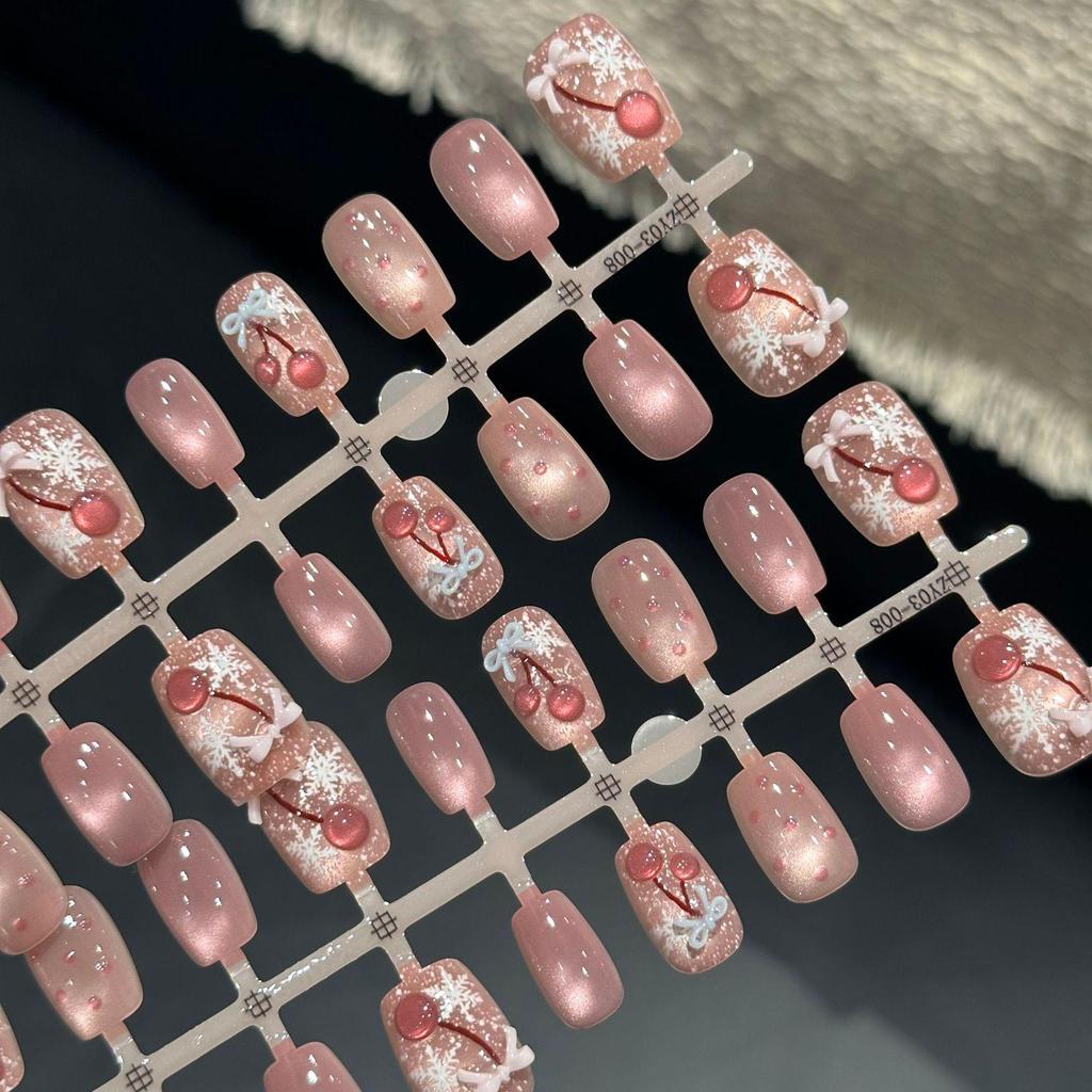 30-Piece Sweet Cherry Resin Nails: Pre-Made Short Ladder Design for a Luxurious and Brightening Princess Look