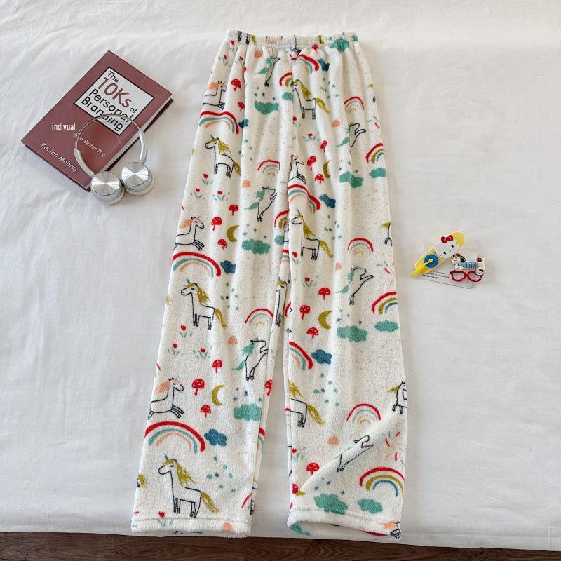 Hello Kitty Coral Fleece-Lined Flannel Pajama Pants for Women - Warm Autumn/Winter Style