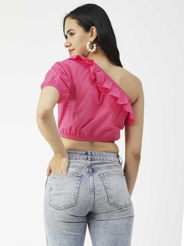 Moomaya Women  S Printed Crop Top, One Shoulder Cotton Casual Summer Top