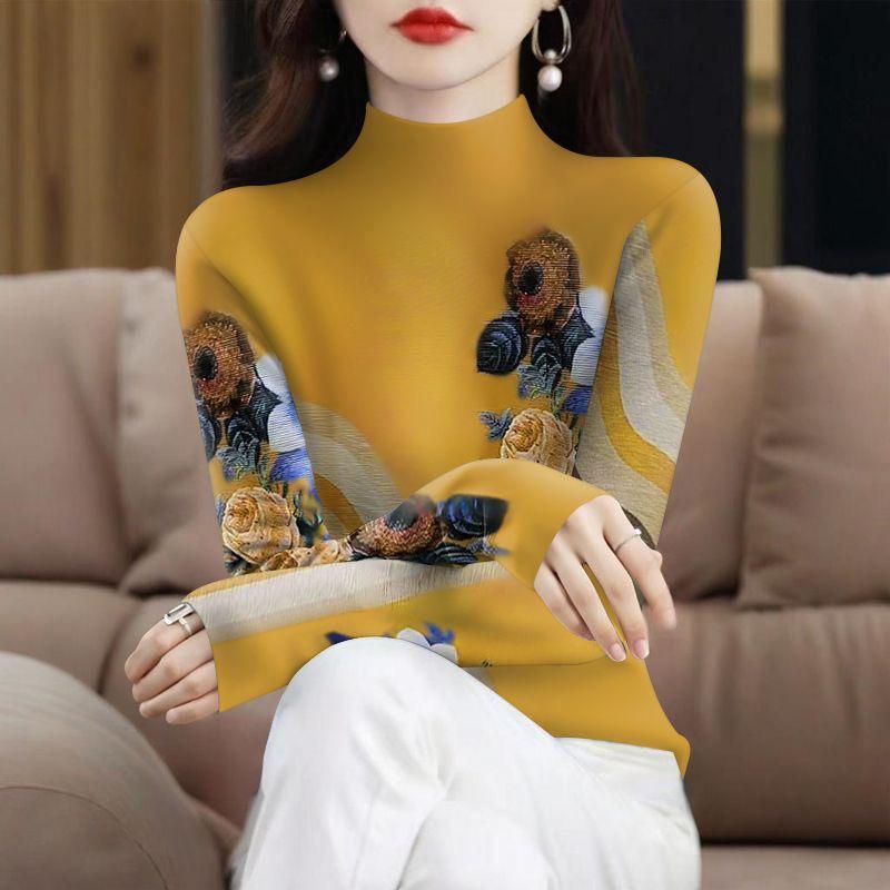 Plus Velvet Thickened Long Sleeve High Collar Printed Top for Middle-aged & Elderly Women – Tummy Covering, Spring/Autumn Fashion