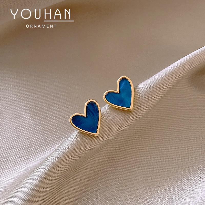 Blue Heart Earrings for Women - Korean Style 925 Silver, Small & Sweet