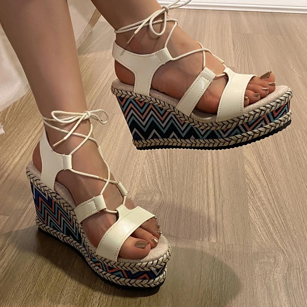 Fashion 2024 Hot Sale Ladies Shoes Lace-up Women's Sandals Fashion Color Matching Dress Sandals Women New Round Toe Wedge Sandalszapatos
