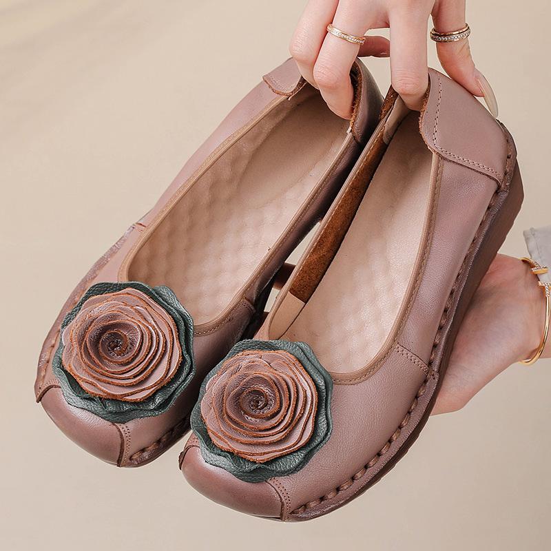 2025 Spring luxury cowhide leather shoes woman handmade flower flats retro wedged loafers ladies chic soft red dressy moccasins