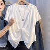 Women Summer Short Sleeve T-Shirt Round Neck Fake Two Piece Twist Knot Design Casual Top