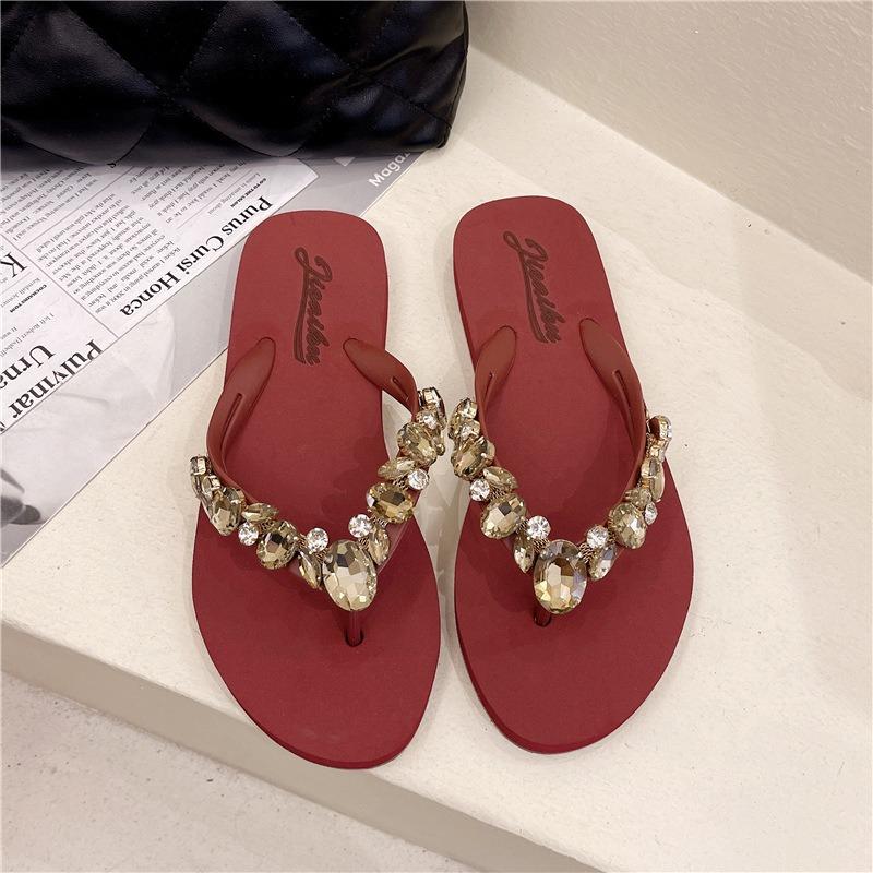 

Women s Rhinestone Decor Flip Flops Flat Heel Beach Sandals Casual Summer Thong Slippers 37