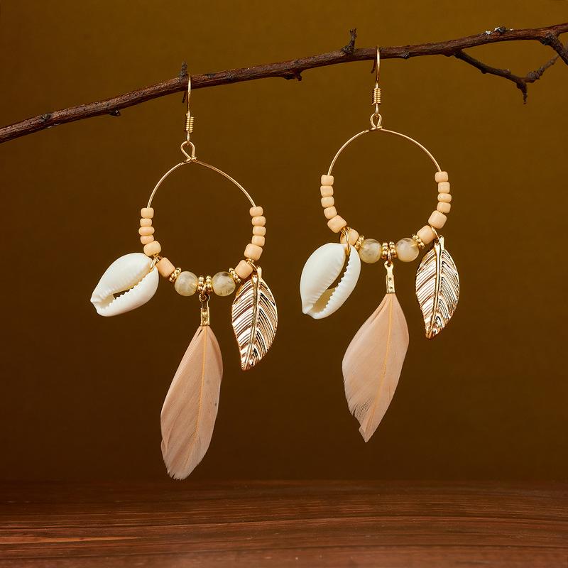Hot selling ethnic style retro feather earrings, long multi colored vacation feather earrings, bead string design, circular earrings