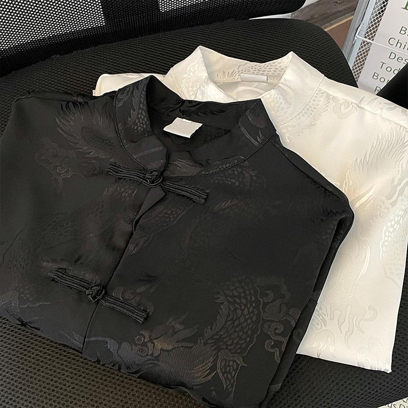 Retro Jacquard Shirt Men Chinese Style Top Satin Kungfu Blouse Long Sleeve Tradition Button Down Male Tai Chi Costume