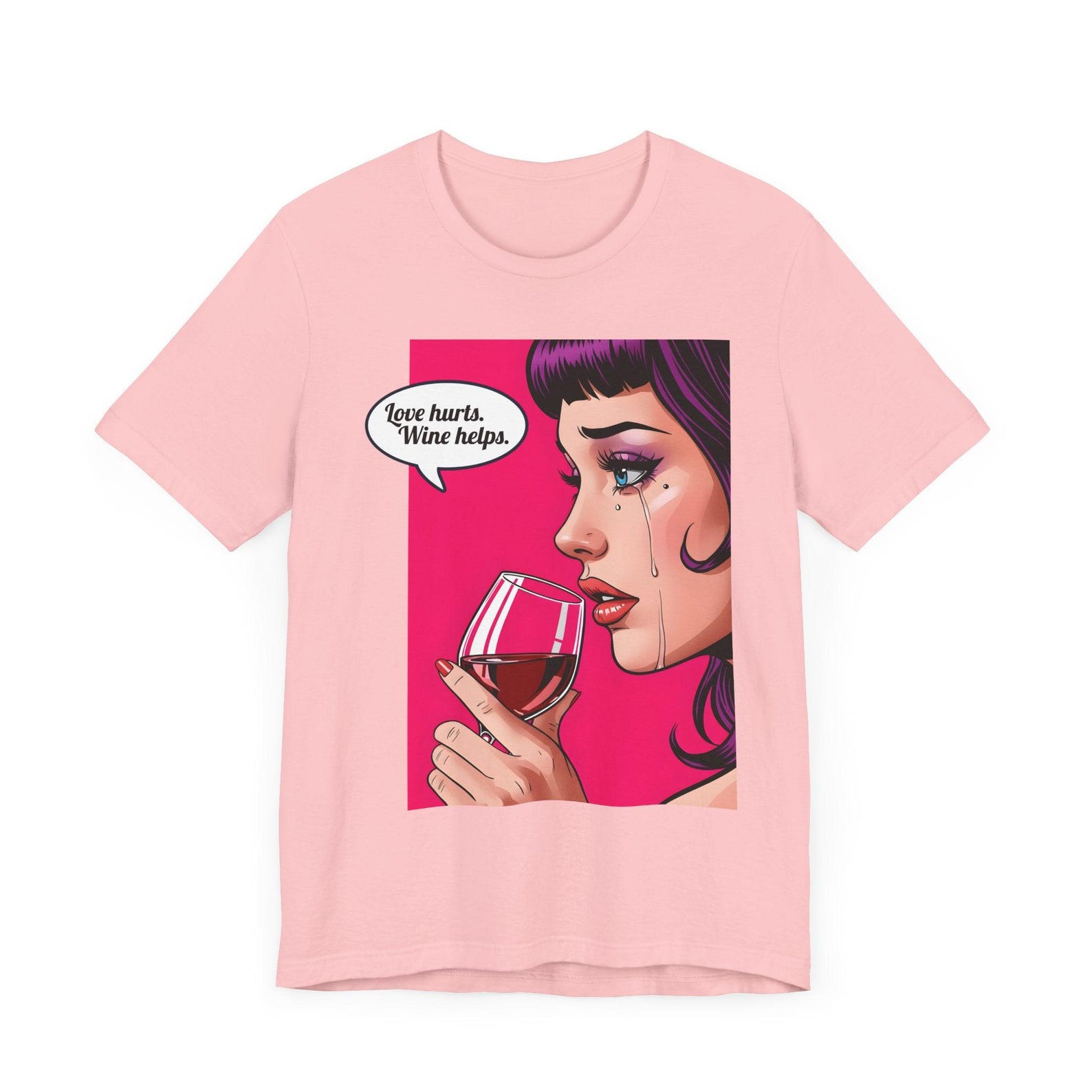 Pop Art Wine Shirt: Love Hurts, Wine Helps - Funny Graphic Tee L