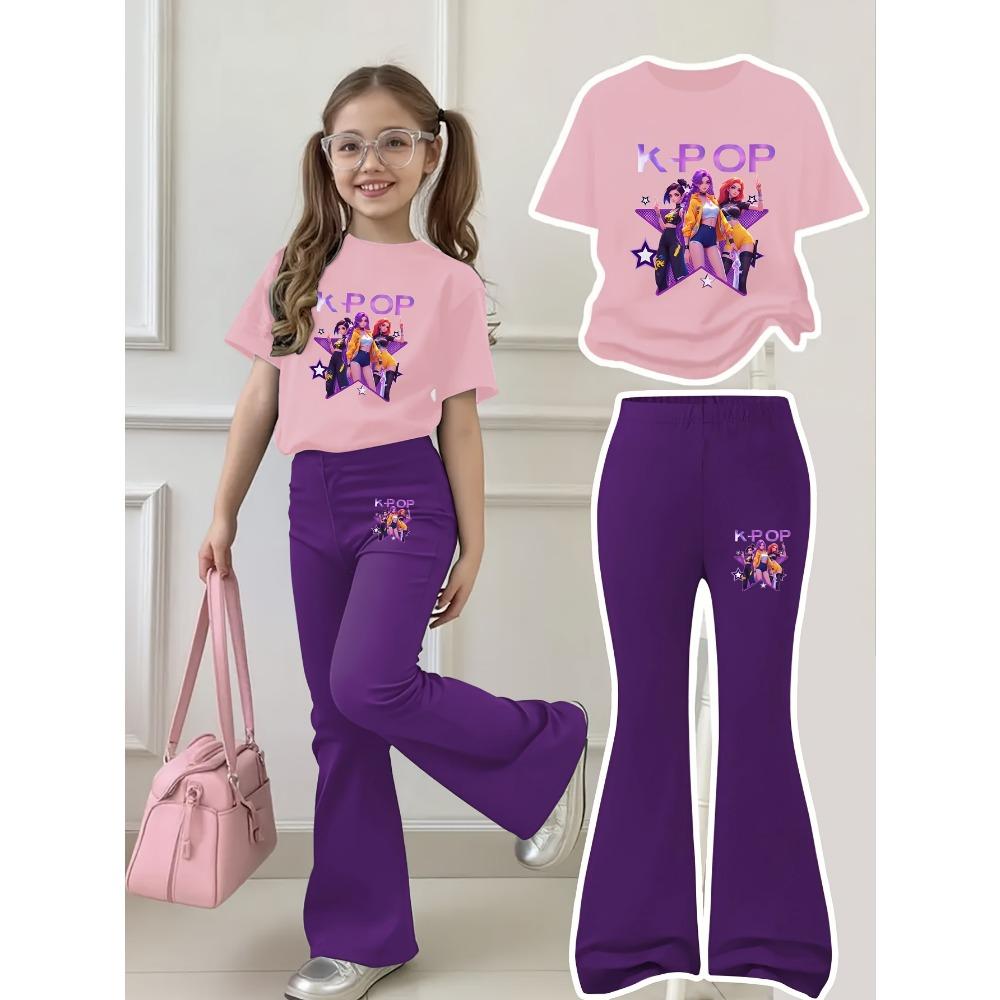 

2026 New Popular K-Pop Short Sleeved Flared Pants Children s Set, Huntress Women s Group Star Printed Short Sleeved Pants Two-piece Set 130 рожевий