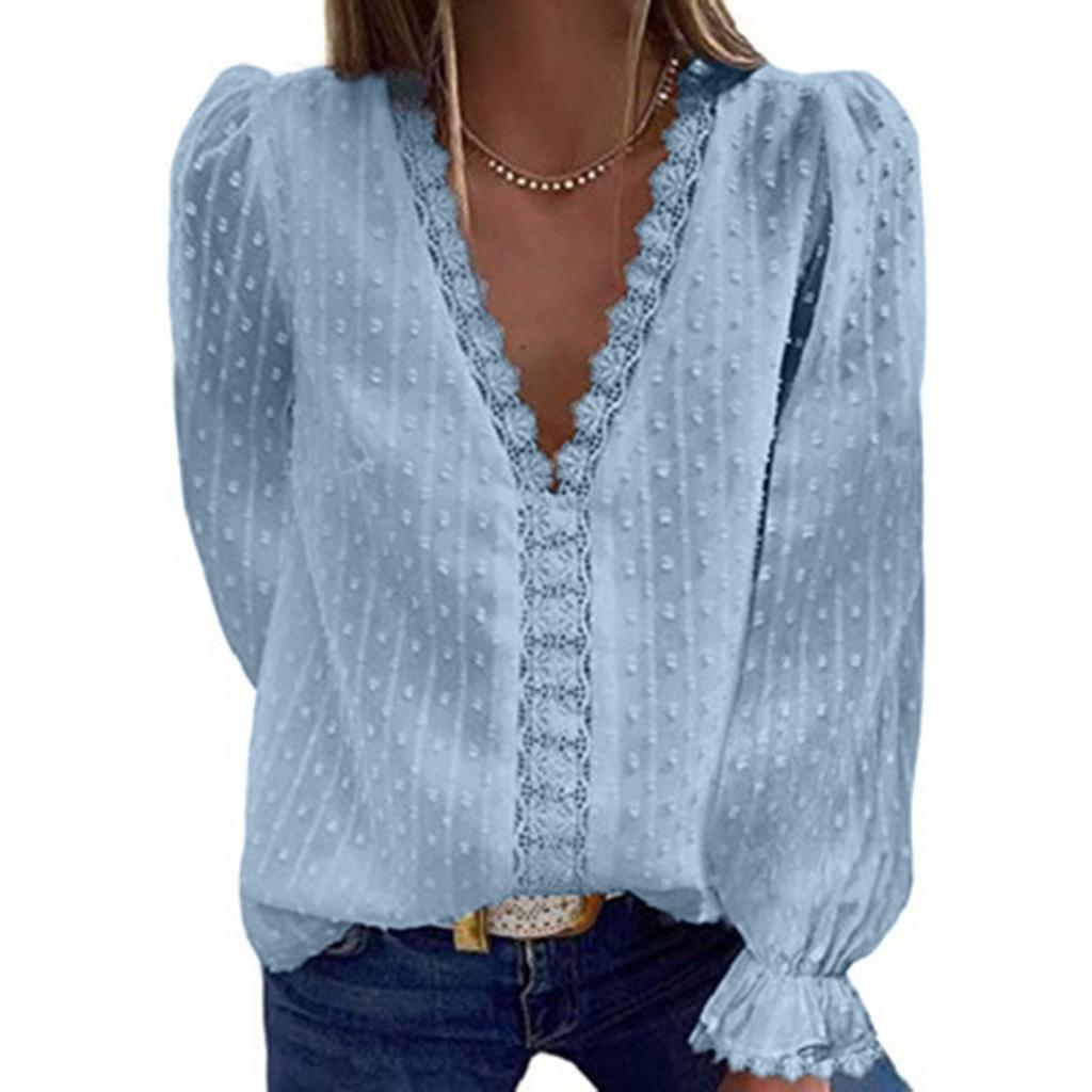 Women's Blouse V-neck Chiffon Shirt Embroidered Lace Long Sleeve Tops