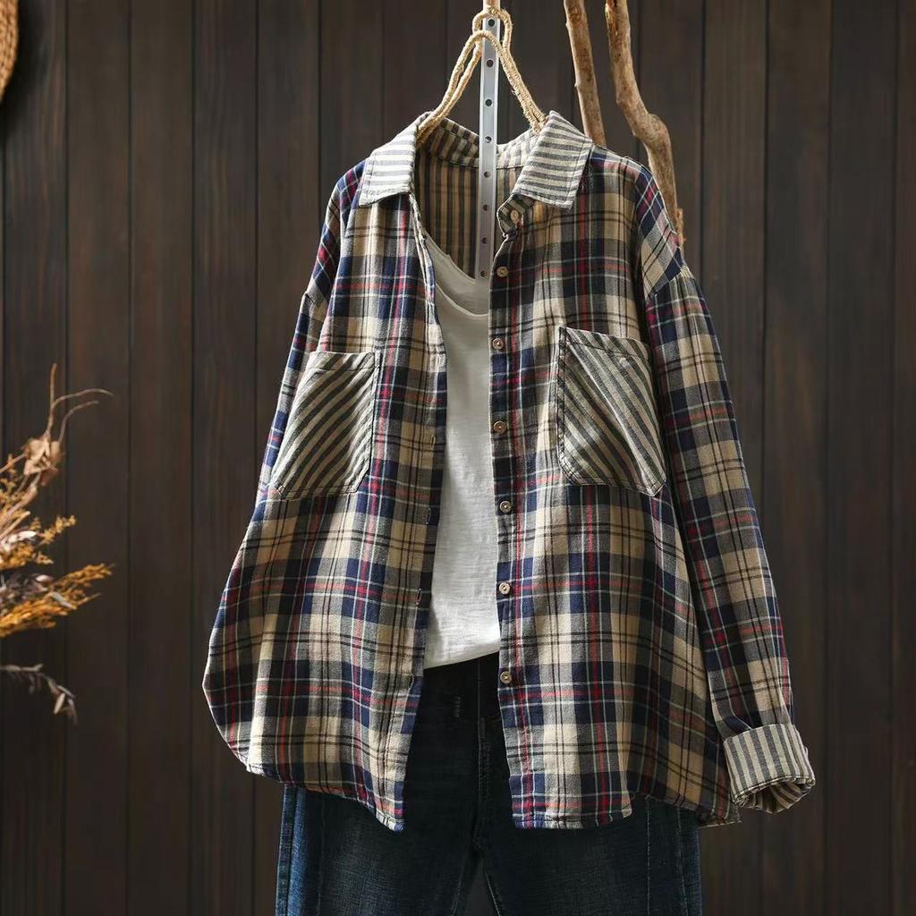 Johnature Women Vintage Plaid Shirts Patchwork Color Turn-down Collar Long Sleeve Button Pockets Blouses Spring Autumn Shirts