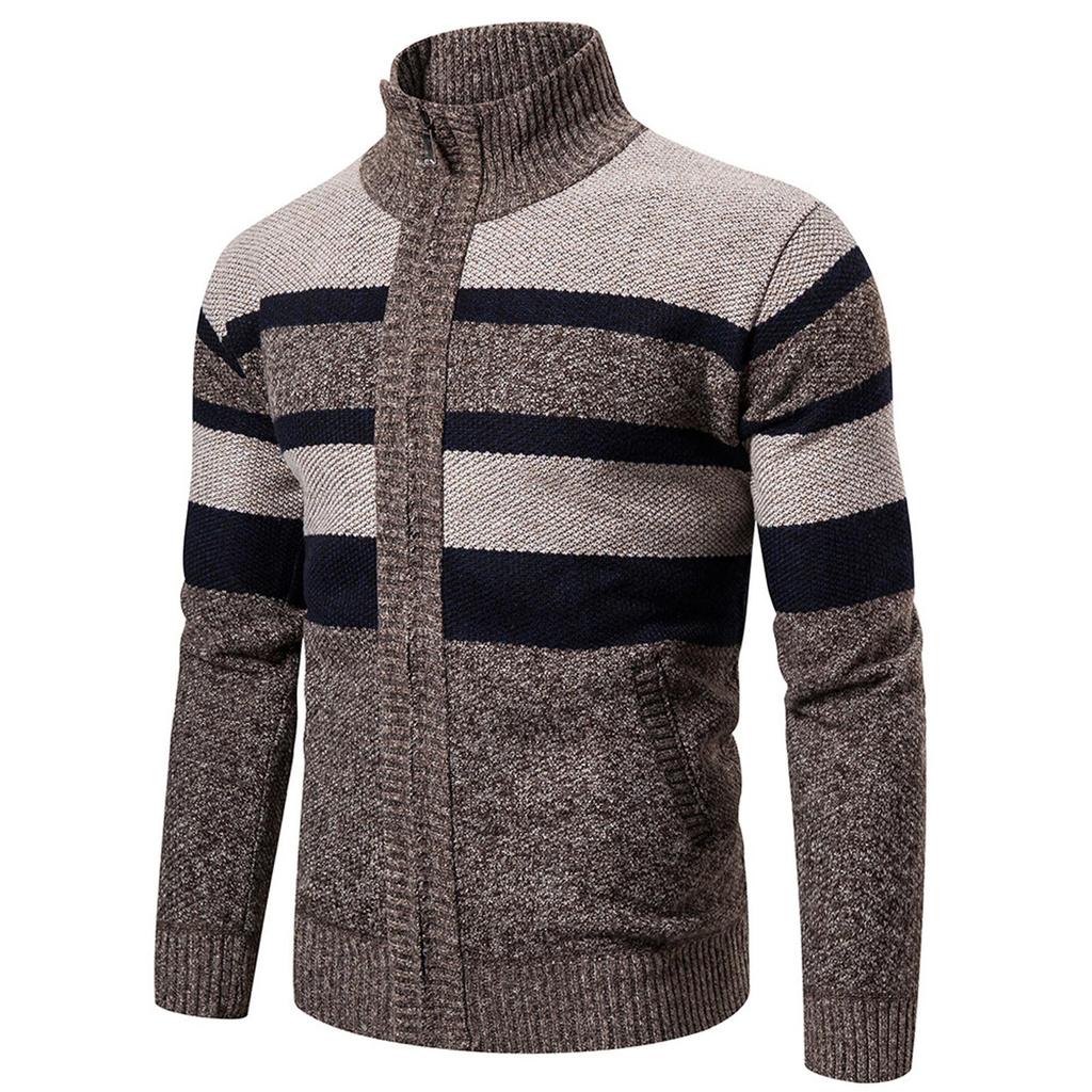 Men's Striped Long Sleeve Knitwear Casual Stand Up Collar Zip Cardigan Coat
