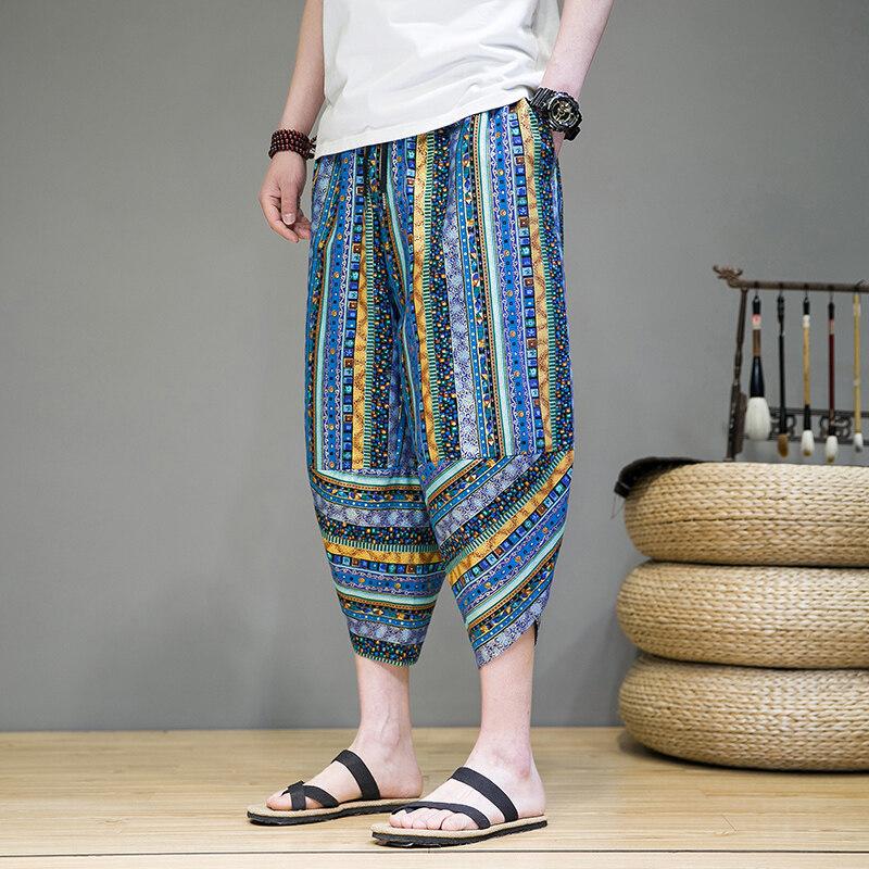 

2025 Лето Мужские Шаровары В Этническом Стиле Мужские Брюки С Полосатым Принтом Мужские Японские Уличные Брюки Мужские Сшитые Брюки До Икры M