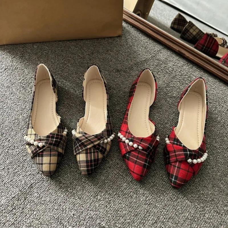 Fashion Retro Red Plaid Fashion Women Shoes Sprig New Pointed Toe Women's Flats Shoes Light and Comfortable Ladies Single Shoes