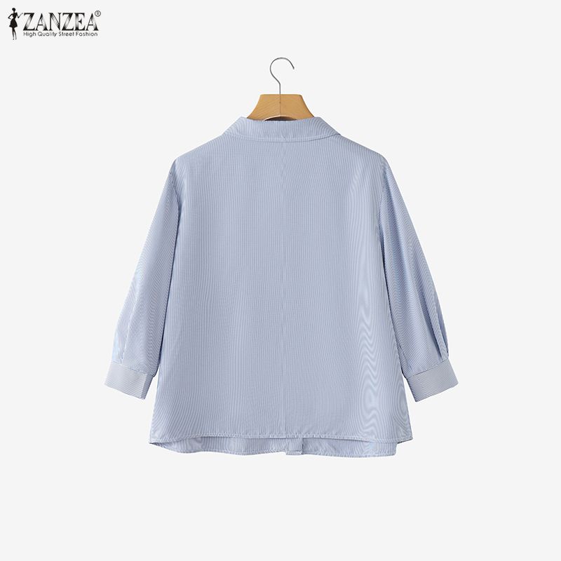 ZANZEA Women Casual Turn Down Collar 3/4 Sleeve Loose Stripe Blouse