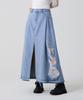 Unknown Planet Front Deep Slit Damaged Denim Long Skirt Light Blue