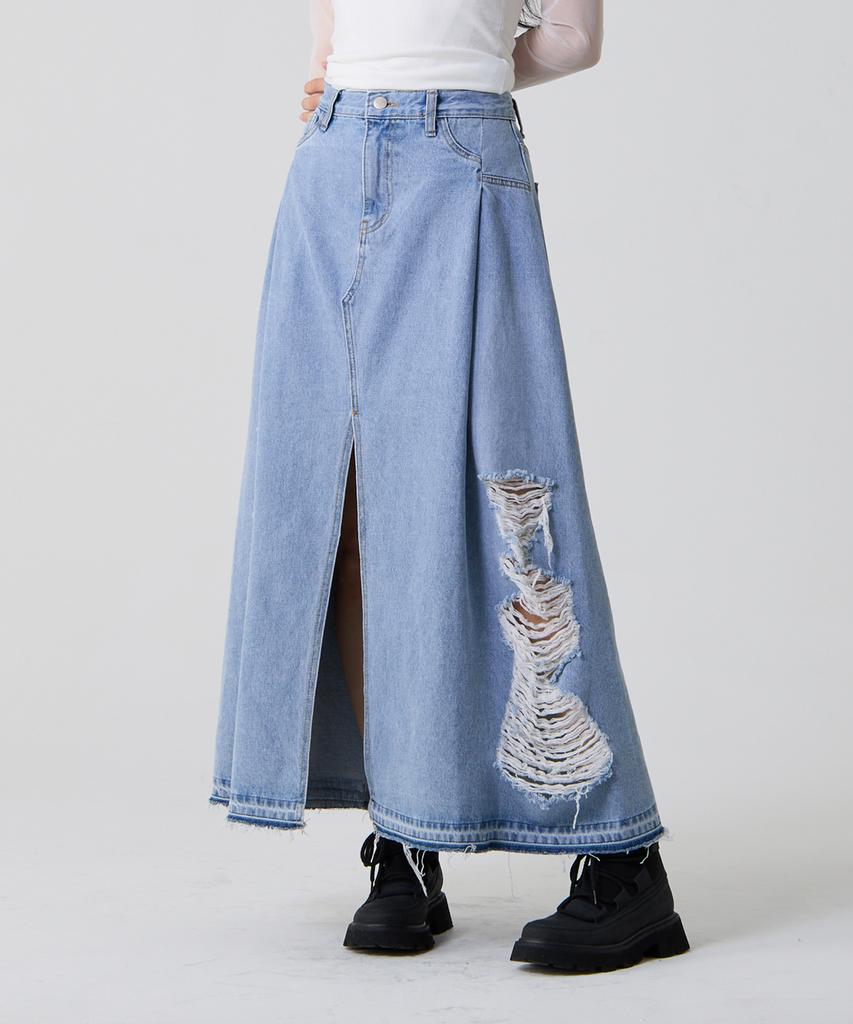 Unknown Planet Front Deep Slit Damaged Denim Long Skirt Light Blue