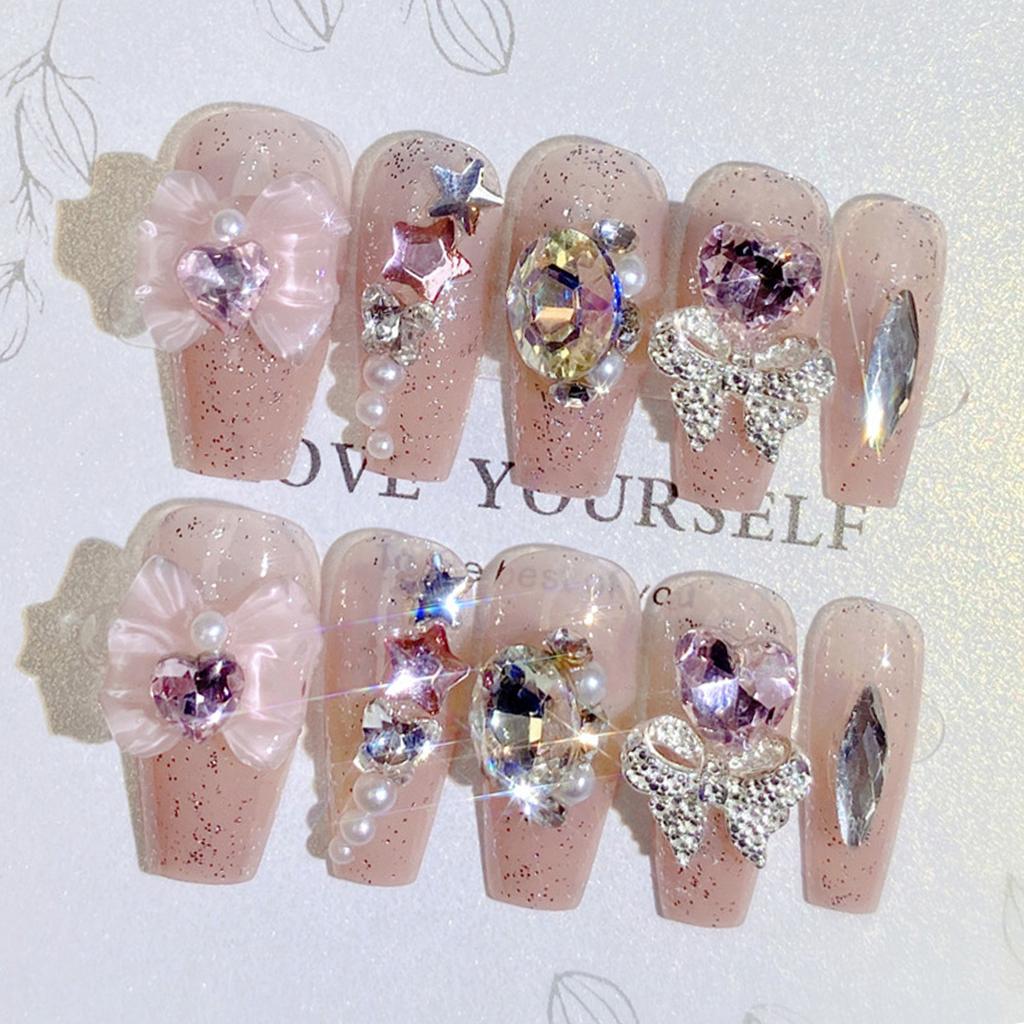 Pink Fake Nails with Full Flash Glitter Decor Charming Comfortable To Wear Manicure Nails for Daily and Parties Wearing