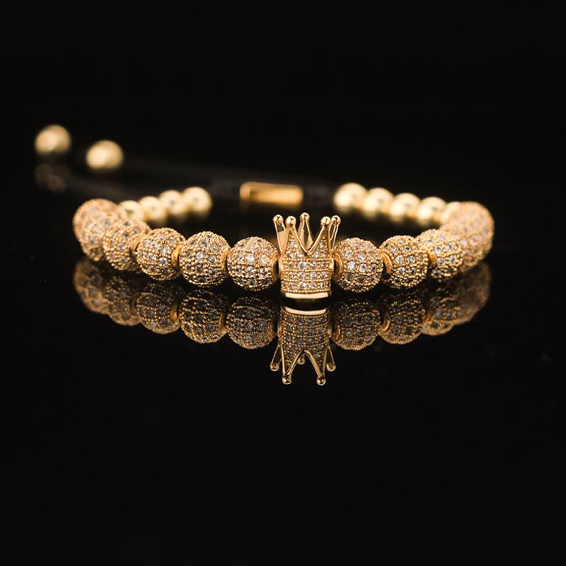 Men's Adjustable Braided Hip Hop Bracelet with Retro Copper Crown, Pineapple Beads, and Vacuum-Plated Titanium Steel.