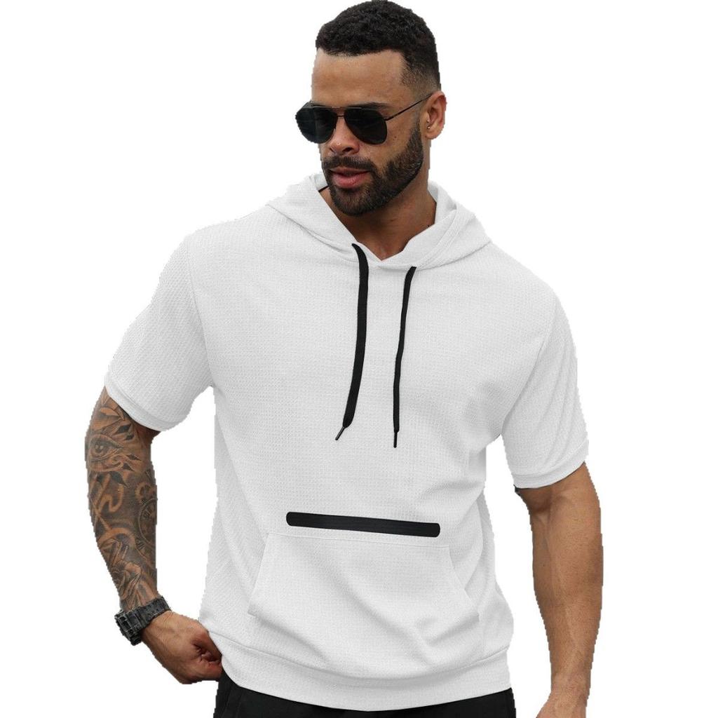 T-shirt casual con cappuccio a maniche corte da uomo, estate nuova europea e americana, tinta unita, top da uomo, t-shirt pesante
