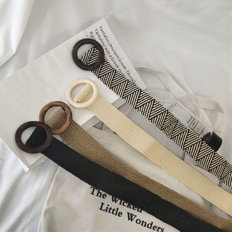 Lady Bohemian Elastic Braided Belt  Female Dress Jeans Wide Black PP Straw Designer Wood Buckle Boho Belts