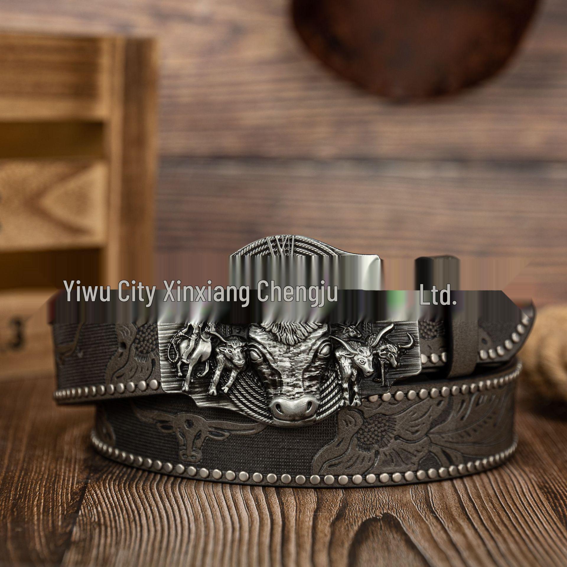 Men s Western Cowboy Embossed Bull Head Zinc Alloy Belt with PU Leather Strap 120 cm серый