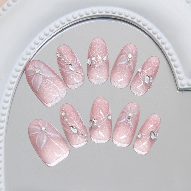 Handmade Prefabricated Nail Three-dimensional Ice Transparent Flash Diamond Butterfly Cat Eye European and American Style Removable Nail Art 