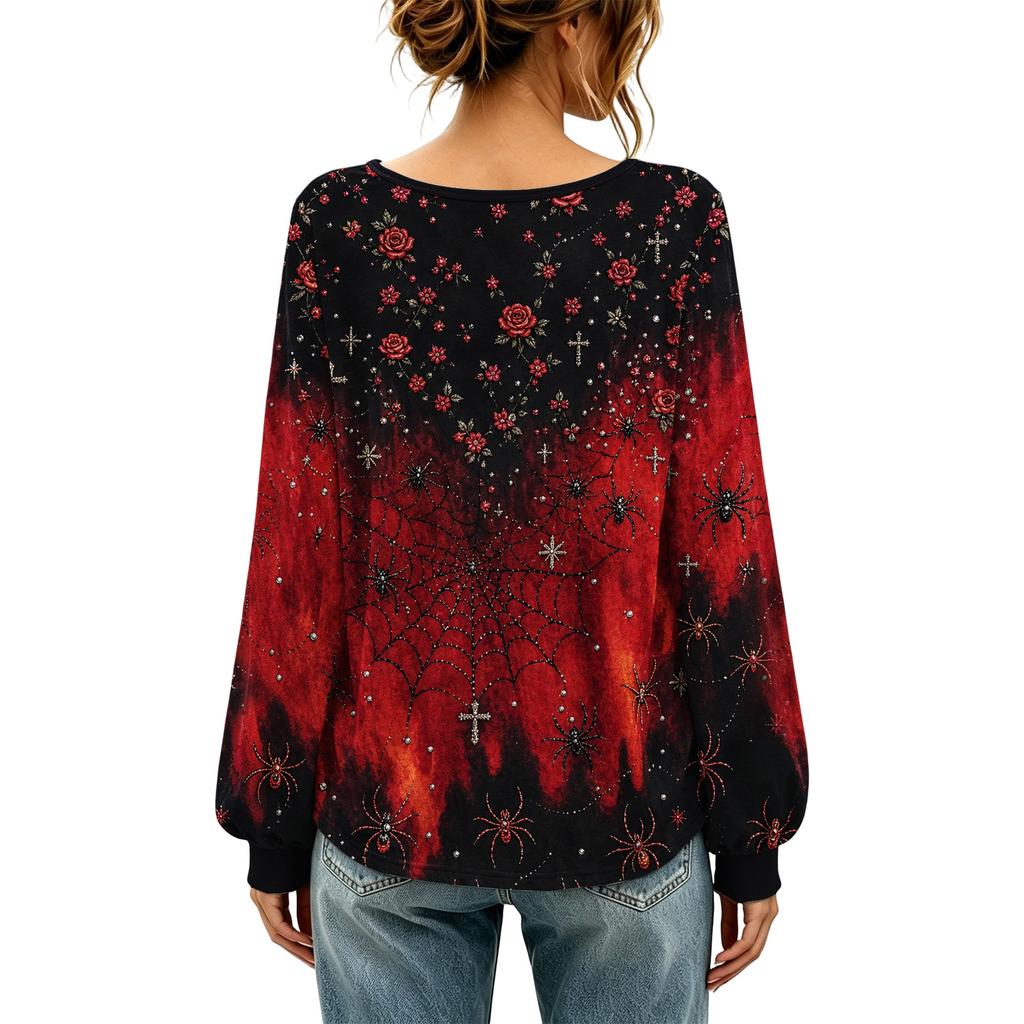 Women's Round Neck Long Sleeve Halloween Print Blouse Top for Party Wear