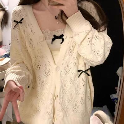 Sweet Bow Knitted Cardigan Women Kawaii Hollow Out Knitwear Japanese Fashion Vintage Preppy Style Casual Sweaters Loose