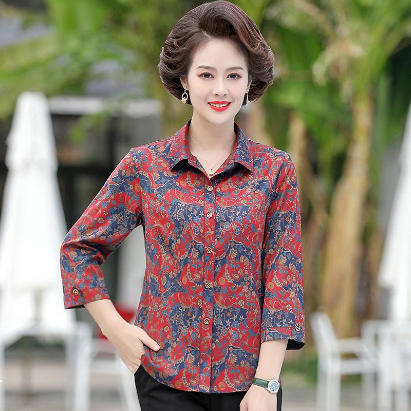 Stylish Floral Seven-Sleeve Tops for Middle-Aged and Elderly Women 2XL (110-120 lbs) красный
