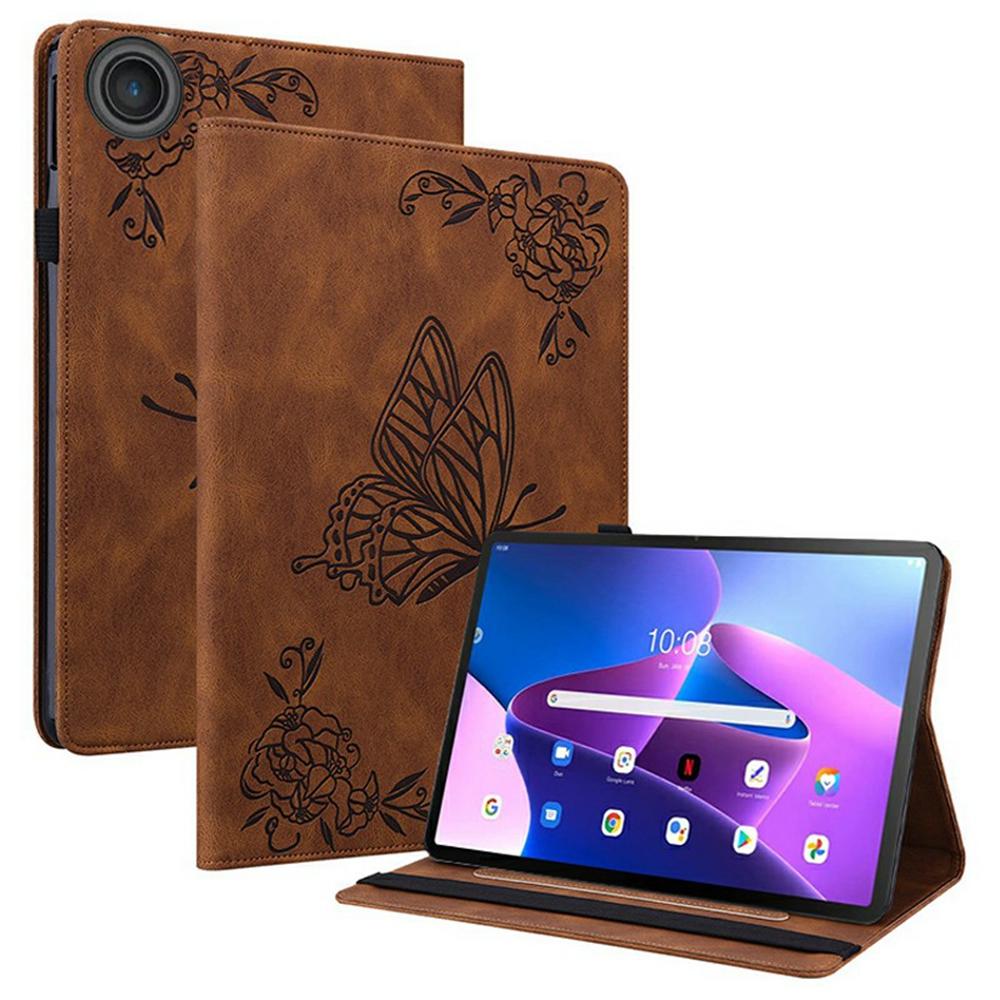

For Lenovo Tab TB311FU Case Butterfly Flower Imprint PU Leather Tablet Cover with Card Slots Brown