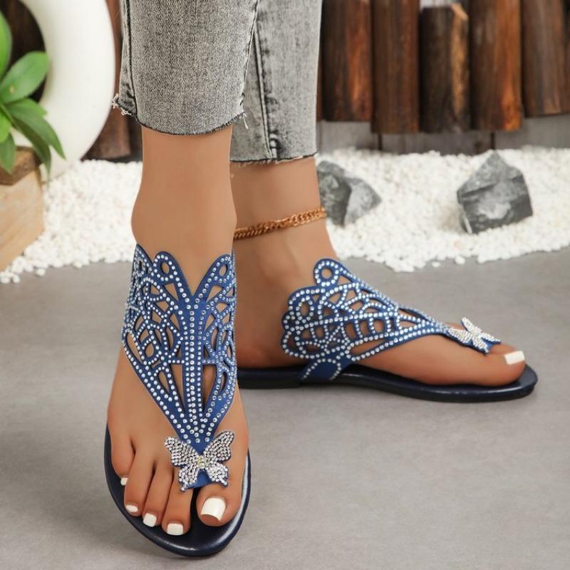 Plus-size Shoes with Toe Clips and Rhinestone Women's Retro Flip-flops