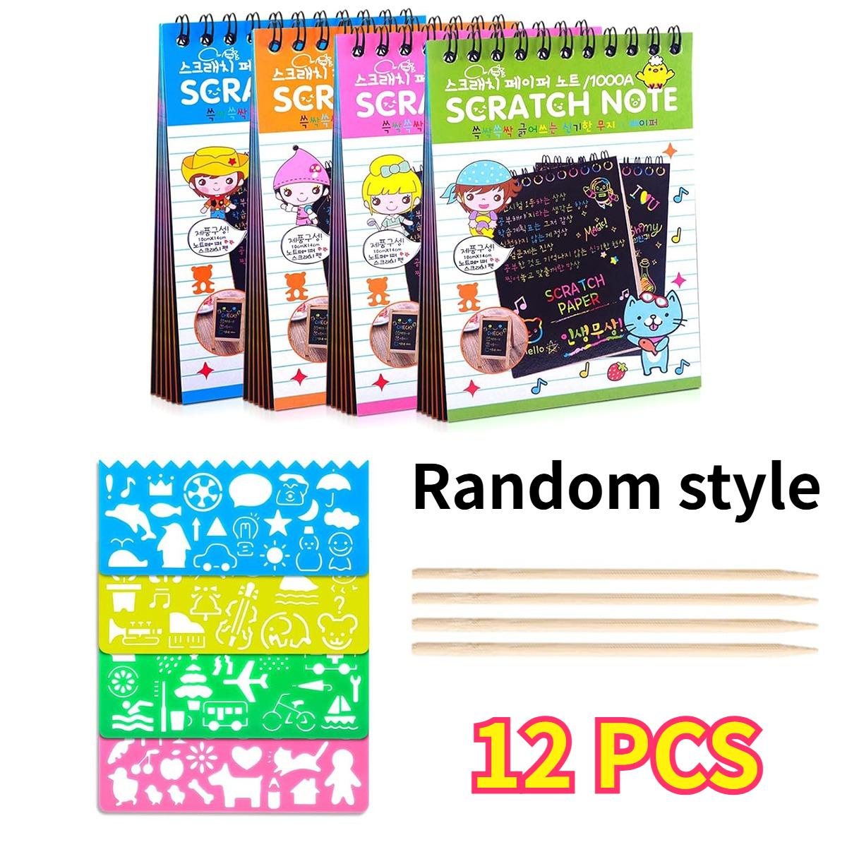 

12 PCS Scratch Art Set 4 Rainbow Mini Notebooks 4 Stencil Sheets 4 Wooden Stylus Fun Drawing, Party Favors Creative Gifts