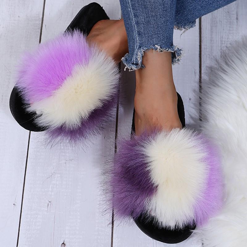 Women Faux Fur Slippers Trend Furry Fur Comfortable Slippers Plush Flats Sandals Casual Fluffy House Shoes Summer Slides Women