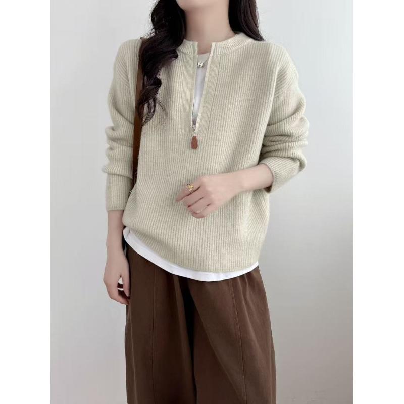 

Solid color semi-zipper simple and versatile knitted sweater women s clothing autumn and winter new loose and lazy round neck pullover sweater average size