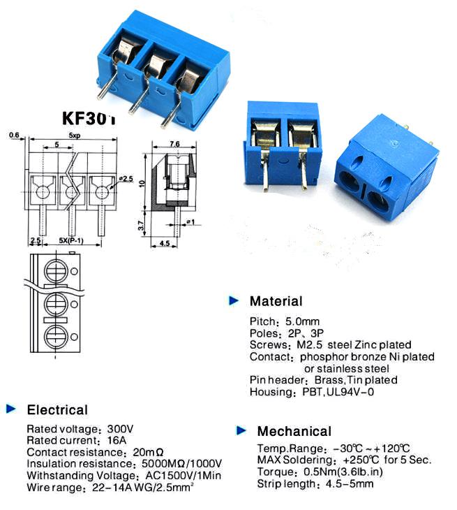 10PCS KF301-2P KF301-5.0-2P KF301 Screw 2Pin 5.0mm Straight Pin PCB Screw Terminal Block Connector KF301-3P