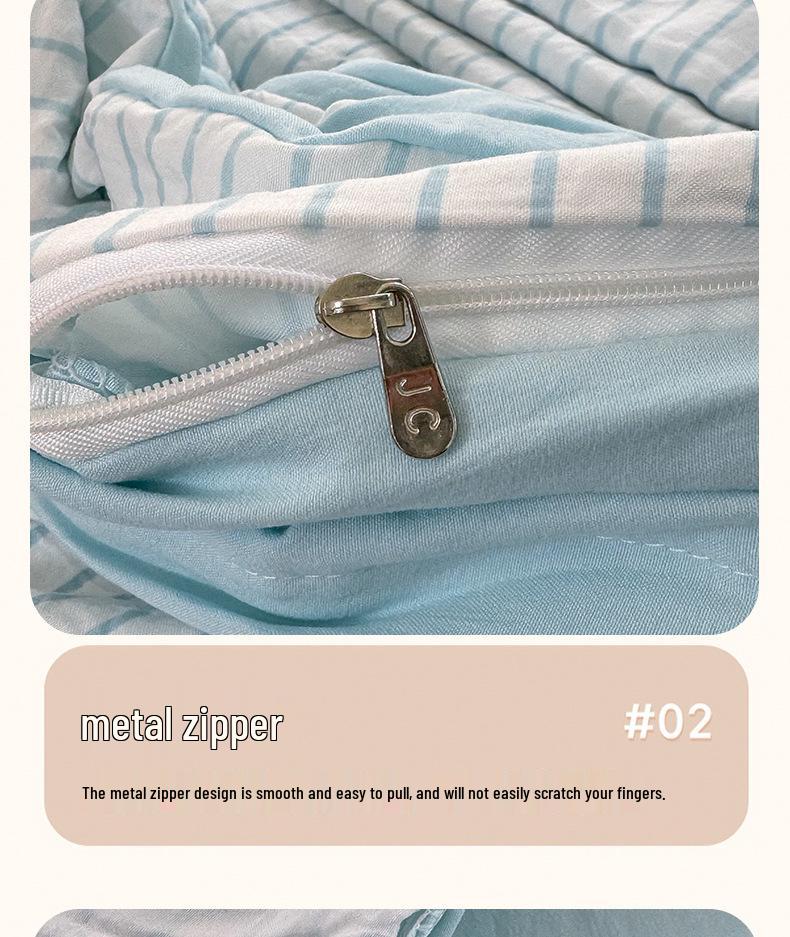 Muji-Style Striped Washed Cotton Bedding Set: Mix & Match Solid Color, Includes Duvet Cover, Bed Sheet, and Fitted Sheet. Ideal for Dorms.