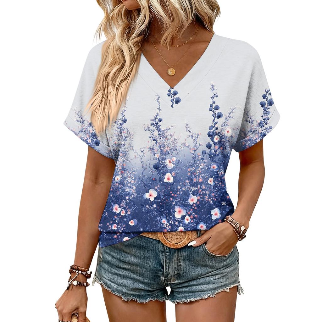 Damen Sommer Oberteile Kurzarm V-Ausschnitt Hemden Lässig Elegant Sommer Blusen Tunika Top