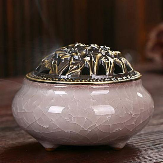 Colorful Crackle Glaze Ceramic Aromatherapy Burner with Bronze Cover for Household Incense and Mosquito Repellent