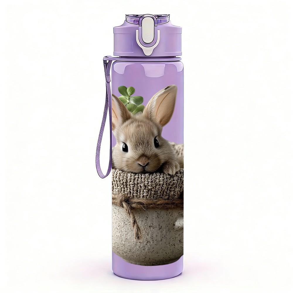 1PC Bunny In Pot Plant Cute Animal Print 750ml Color Plastic Sports Water Bottle Leakproof Flip Straw Lid Suitable for Sports Office Home Use