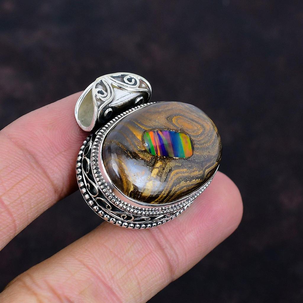 Ethopian opal in boulder opal pendant gemstone pendant 925 sterling silver pendant handmade pendant gifts for wife wonderful vintage jewelry