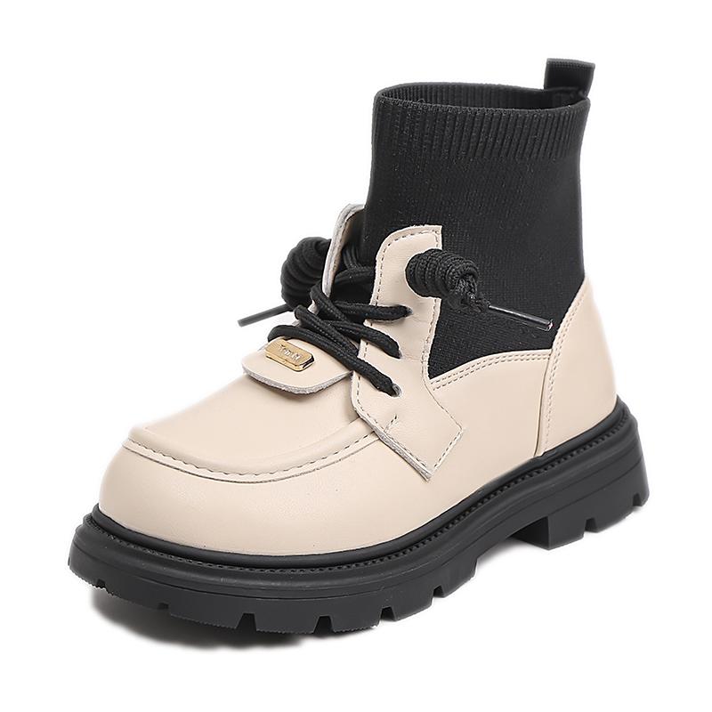 New Girls Socks Boots Black Beige Thick Bottom Kids Causal Fashion Boots Round-toe Patchwork Princess Children Shoes Non-slip