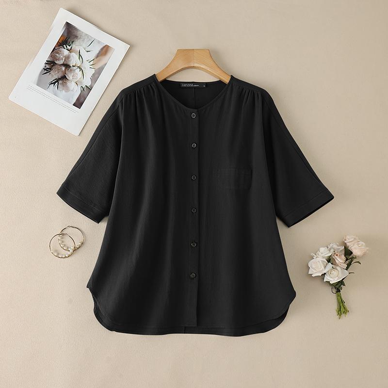 ZANZEA Dámská ležérní bavlněná halenka s kulatým výstřihem, jednobarevná, s 3/4 rukávem