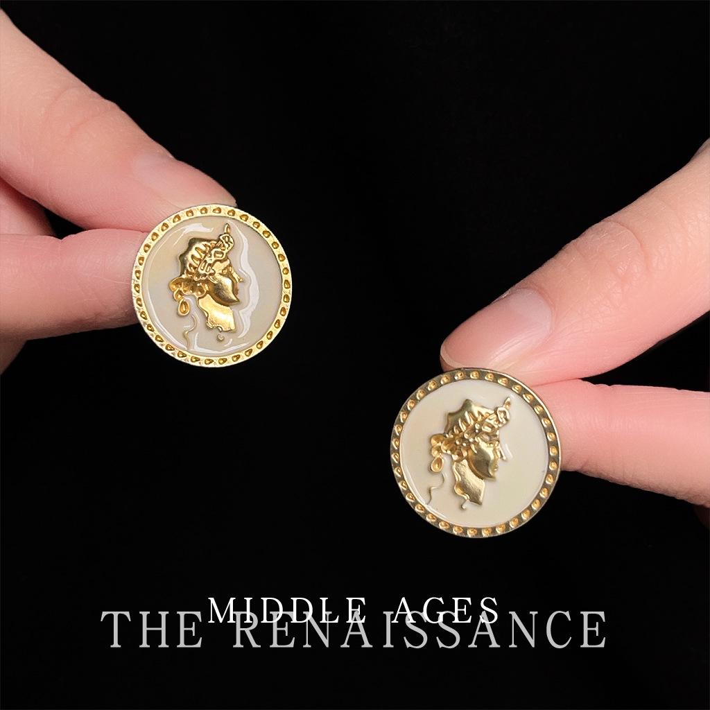 Medieval style relief dripping oil portrait geometric round stud earrings retro literary and small fragrant style earrings