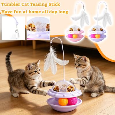 Interactive Cat Toy with Long Rod Feather Attachment Food Dispenser and Rotating Base for Indoor Pet Entertainment and Exercise