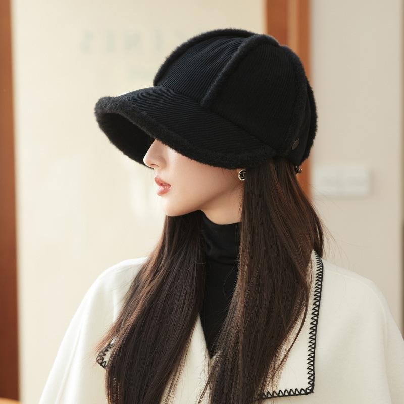 Winter Hat Women's Japanese Plush Big Head Circumference Octagonal Hat Plush Warm Face Small Cap Tide