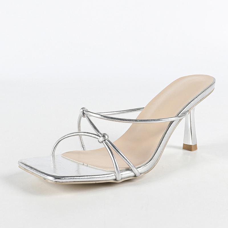 

Fashion Liyke Fashion Knot Leather Narrow Band Women Slippers Sandal Summer Square Toe Kittens Heels Mules Slides Shoes Zapatos De Mujer 35 серебряный